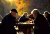 A group of older people playing chess in a park.