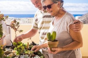 An older couple looking at plants on a balcony.