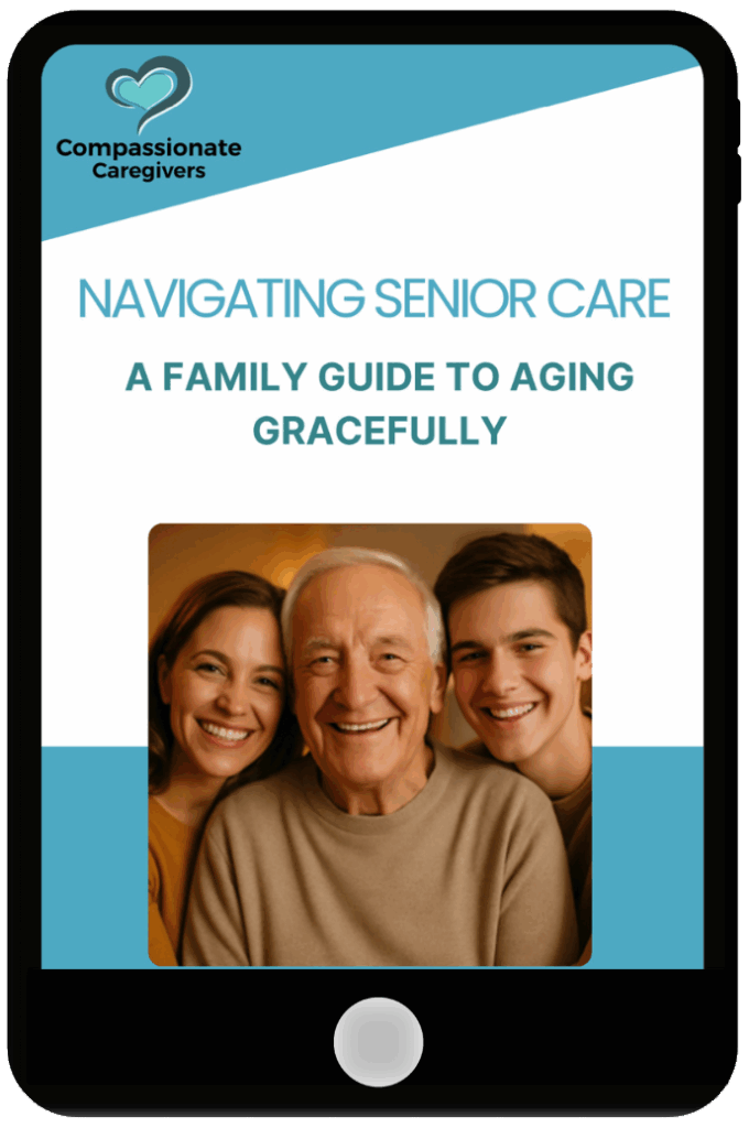 A digital tablet displays a guide titled "Navigating Senior Care: A Family Guide to Aging Gracefully" with a smiling elderly man and two younger people on the cover.