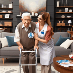 A smiling elderly man using a walker is assisted by a female caregiver in a well-furnished living room, with informational brochures on a table nearby.