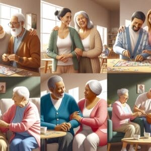 Collage of elderly people and caregivers engaging in activities like puzzles and conversation in a bright, comfortable living space.