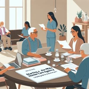 A group of people discuss paperwork around a table with laptops and coffee; a book titled "Starting a Non-Med Home Care Agency" is visible. Two elderly people sit in the background, one in a wheelchair.