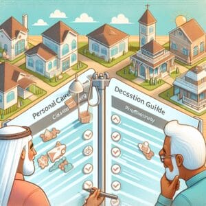 Two men compare checklists labeled "Personal Calender" and "Decision Guide" with suburban houses in the background under a sunny sky.