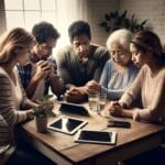 A group of five people sits around a table with digital devices, holding hands and bowing their heads in prayer or reflection.