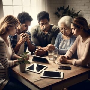 A group of five people sits around a table with digital devices, holding hands and bowing their heads in prayer or reflection.