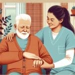 A nurse in scrubs gently holds the hand of an elderly man with white hair and a beard, seated indoors, showing care and support.