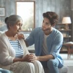 A young man sits beside an elderly woman, gently holding her hand and shoulder in a warmly lit living room, both appearing to share a comforting moment.