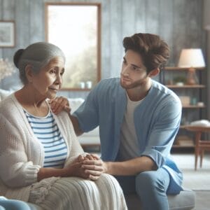 A young man sits beside an elderly woman, gently holding her hand and shoulder in a warmly lit living room, both appearing to share a comforting moment.