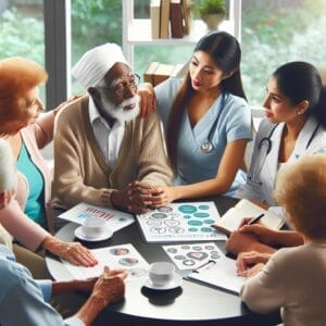 A group of seniors talk with two healthcare professionals at a table with medical charts, coffee cups, and notebooks in a bright room.