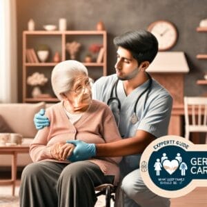 A healthcare professional wearing gloves comforts an elderly woman in a wheelchair inside a living room. A "GERIATRIC CARE" expert guide badge is visible in the foreground.