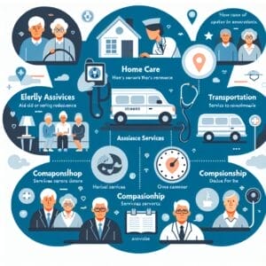Illustration depicting elderly care services, including home care, transportation, companionship, and assistance, with icons and images of seniors and caregivers.