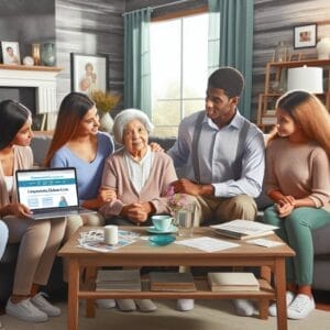 A group of people sits with an elderly woman in a living room, discussing care options shown on a laptop and printed materials on the coffee table.