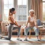 A young woman in workout clothes assists an elderly woman seated on a couch with a stretching exercise in a bright living room.