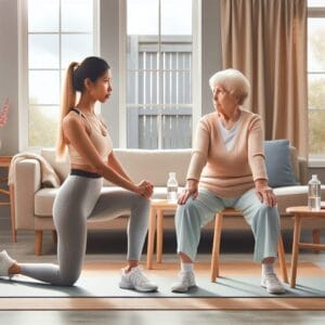 A young woman in workout clothes assists an elderly woman seated on a couch with a stretching exercise in a bright living room.