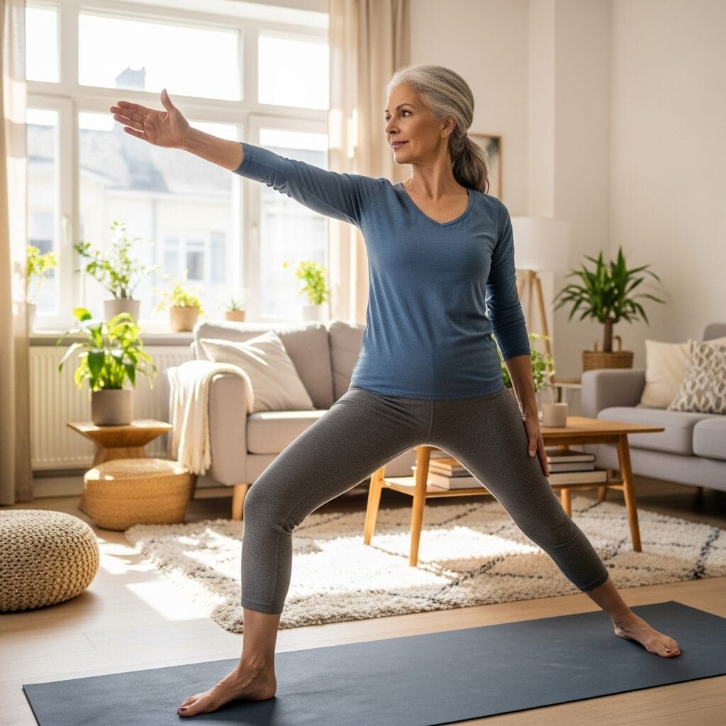 An older woman practices yoga in a warrior pose on a mat in a bright, cozy living room with plants and natural light.