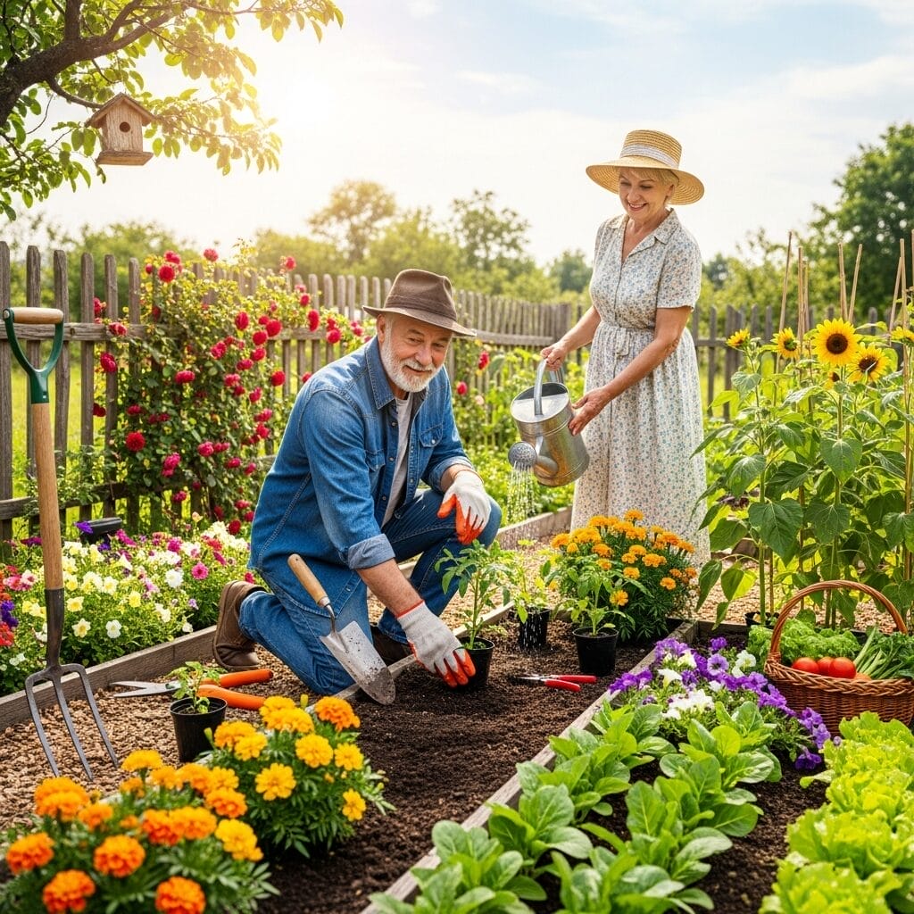 An older man kneels while planting vegetables in a garden bed, as an older woman waters flowers beside him. The garden is colorful and surrounded by a wooden fence.