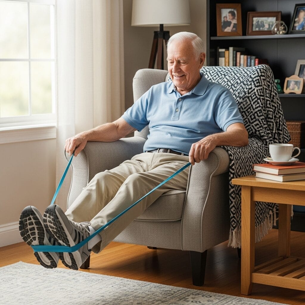 An elderly man sitting in an armchair uses a resistance band for a leg exercise in a cozy, well-lit living room.