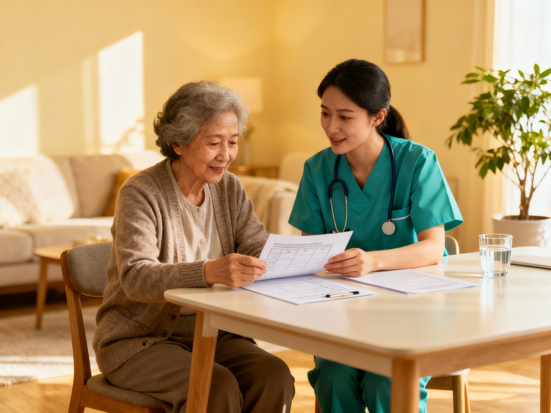 An elderly woman sits at a table with a healthcare worker in scrubs, reviewing documents together in a well-lit living room.
