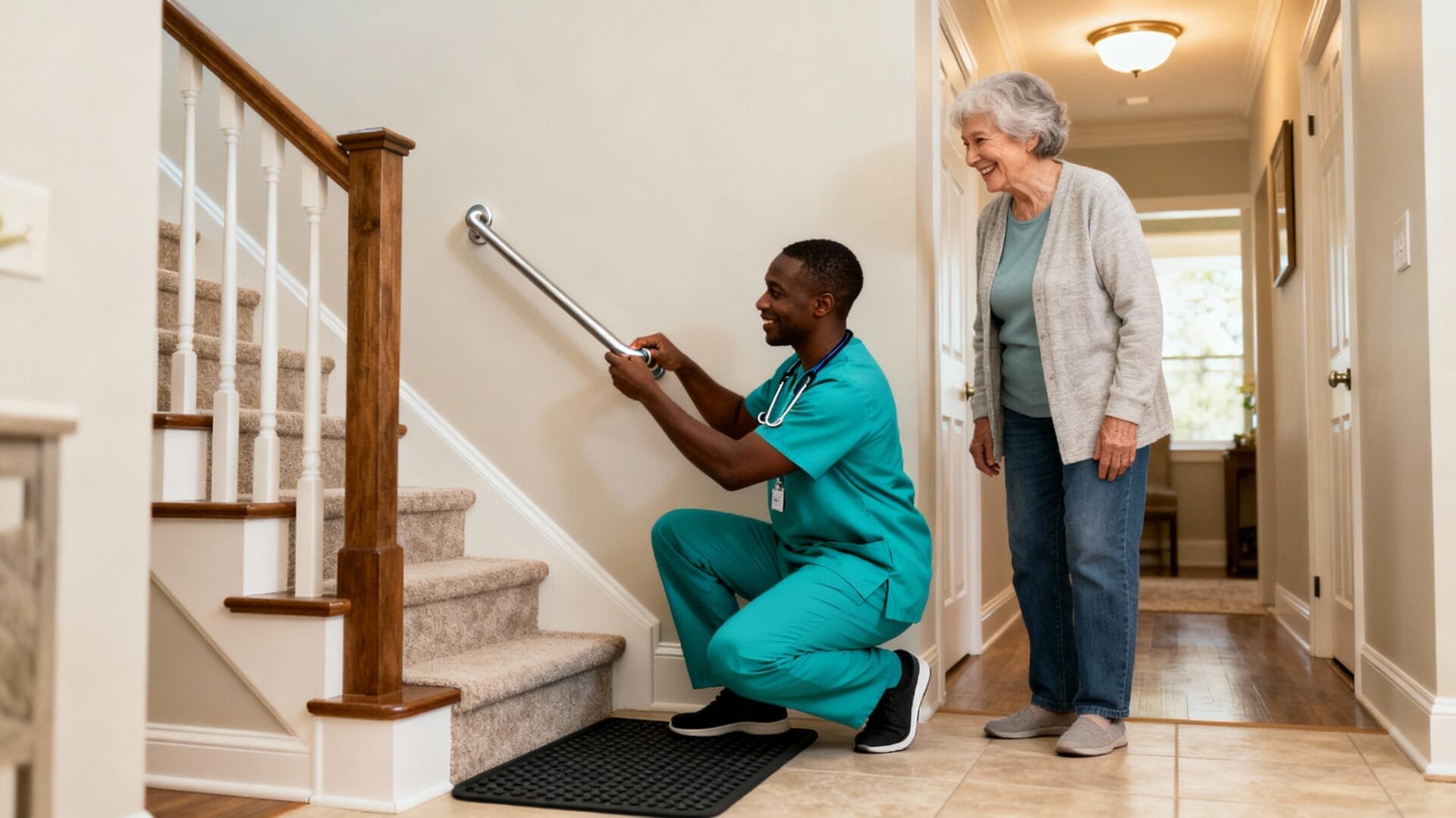 A healthcare worker in scrubs installs a handrail by a staircase while an elderly woman stands nearby, observing and smiling.