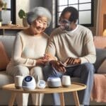 An elderly woman and a middle-aged man sit on a couch, smiling and holding hands, with smart home devices on the coffee table in front of them.