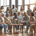 A diverse group of people of various ages sits in a circle, talking and listening in a bright room with large windows and potted plants on a table.