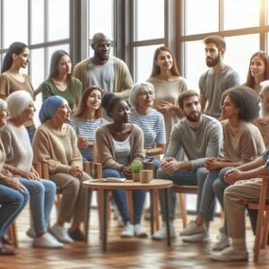 A diverse group of people of various ages sits in a circle, talking and listening in a bright room with large windows and potted plants on a table.