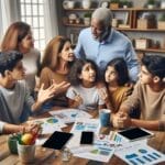 A multigenerational family discusses documents and graphs around a table, with digital tablets and papers spread out, in a well-lit home setting.
