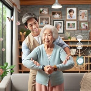 A young man helps an elderly woman stand up in a living room, surrounded by family photos and floating graphics of an hourglass and clock.