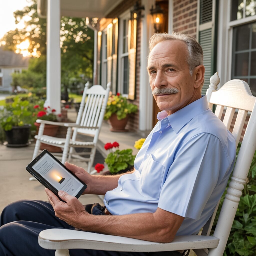 An older man sits on a porch in a rocking chair, holding a tablet and looking at the camera. There are potted flowers and sunlight in the background.