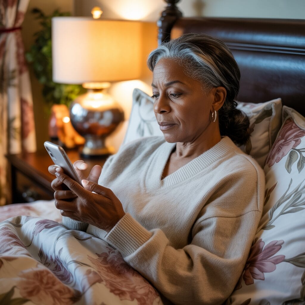 An older woman sits in bed using her smartphone. She is covered with a floral blanket and a lamp glows on the nightstand behind her.