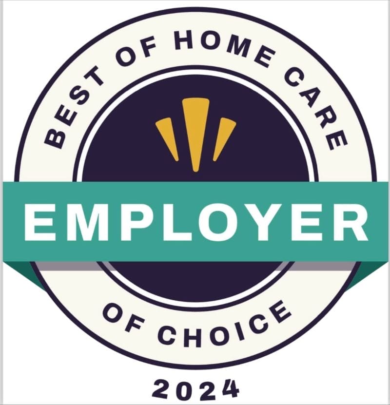 Circular badge displaying "Best of Home Care - Employer of Choice 2024" with a teal banner labeled "Employer" across the center, recognizing excellence in home care and trusted by families in Columbus.