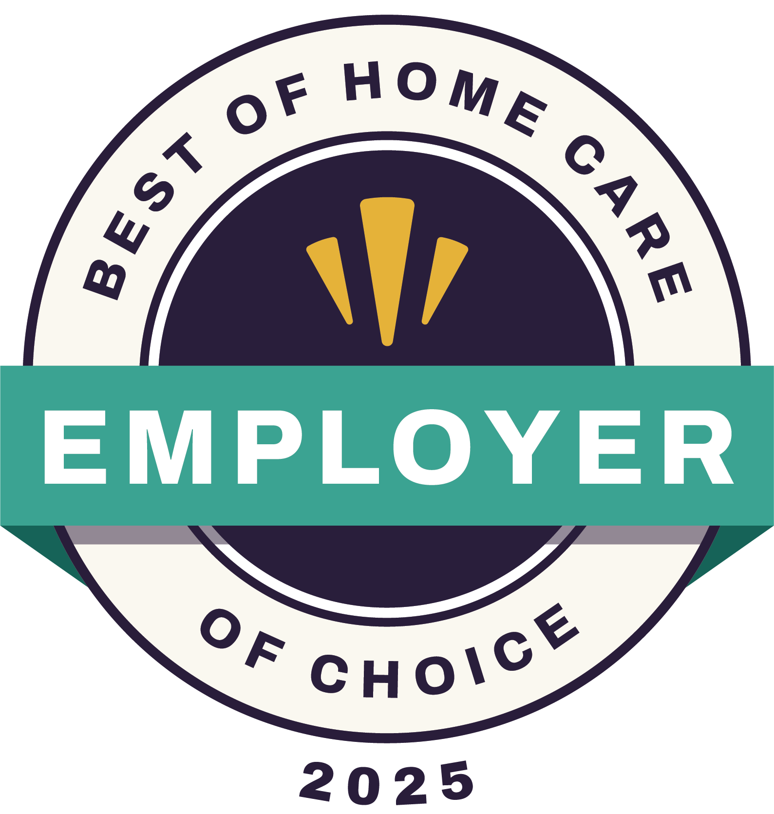 A circular badge featuring the text "Best of Home Care Columbus Employer of Choice 2025" and a green ribbon labeled "Employer" across the center.