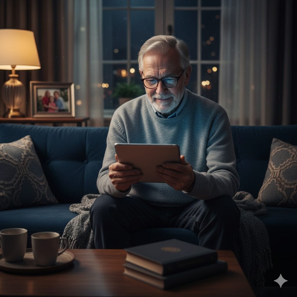 An older man with glasses sits on a sofa at night, using a tablet. There are books and cups on the coffee table, with a lamp and framed photo visible in the background.