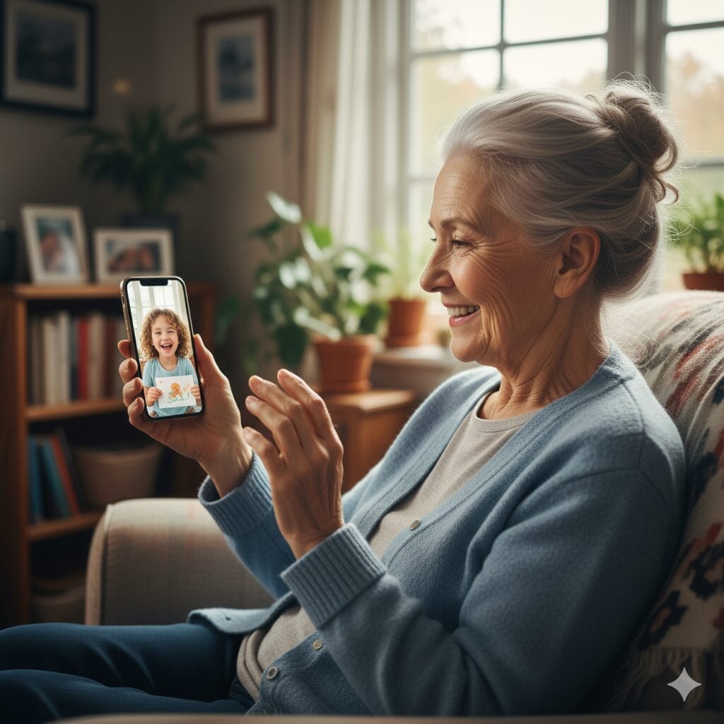 An elderly woman sits on a sofa, smiling and waving as she video calls a young child who is visible on her smartphone screen.